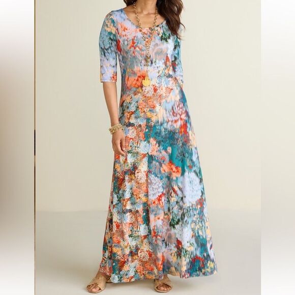 Soft Surroundings Women Nanette Dress short sleeve maxi Red Gray sundress Neck M - Picture 2 of 14